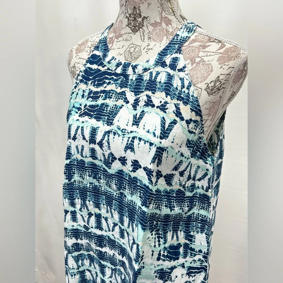 NICOLE MILLER Navy and aqua 💯 Linen halter neck mini dress size M. - Picture 2 of 12